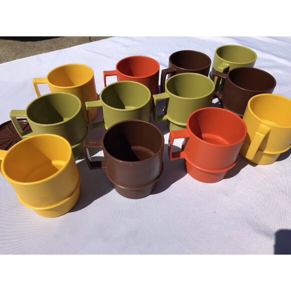 VTG Tupperware 1312 Stacking Coffee Cups Harvest MCM Orange Green Gold Brown Set - Picture 8 of 16